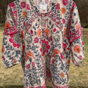 Free People Floral Embroidered Top - Pink, Orange, Green